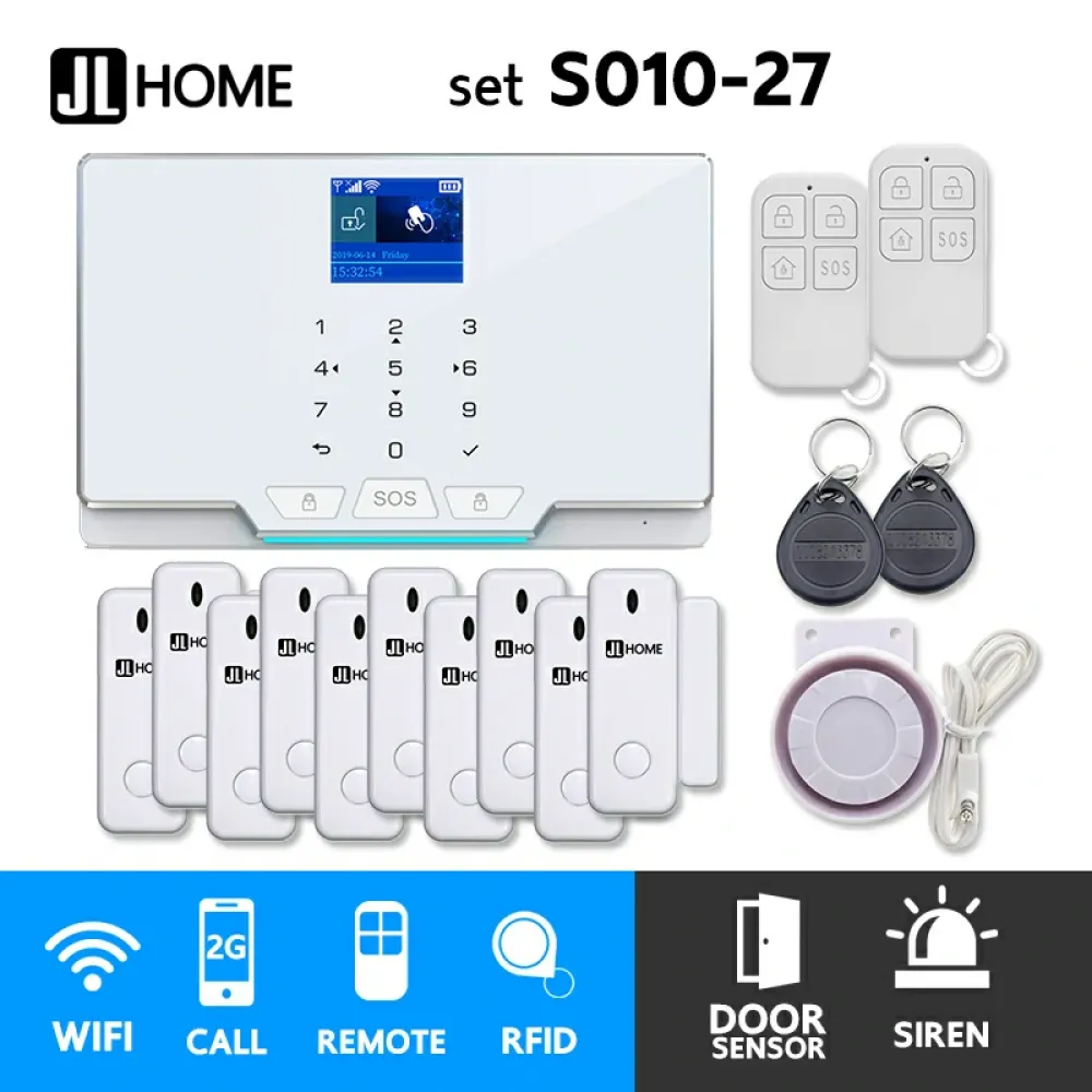 S010-27 ชุดสัญญาณกันขโมยบ้านไร้สายและบ้านอัจฉริยะ แจ้งเตือนผ่านการโทร2G/แอพมือถือWifi/SMS ประตู10