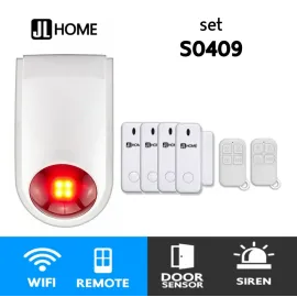 S0409 ชุดกล่องควบคุมไซเรน สัญญาณกันโมยบ้านไร้สาย ชุดเซ็นเซอร์ประตูx4 แจ้งเตือนผ่านแอพ ไม่ต้องมีกล่องควบคุมในบ้าน