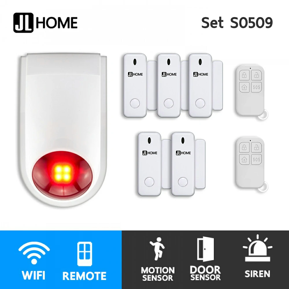 S0509 ชุดกล่องควบคุมไซเรน สัญญาณกันโมยบ้านไร้สาย ชุดเซ็นเซอร์ประตูx5 แจ้งเตือนผ่านแอพ ไม่ต้องมีกล่องควบคุมในบ้าน