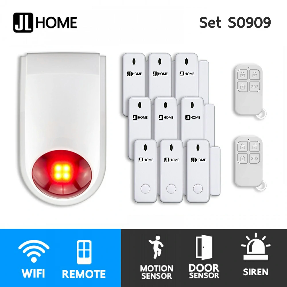 S0909 ชุดกล่องควบคุมไซเรน สัญญาณกันโมยบ้านไร้สาย ชุดเซ็นเซอร์ประตูx9 แจ้งเตือนผ่านแอพ ไม่ต้องมีกล่องควบคุมในบ้าน