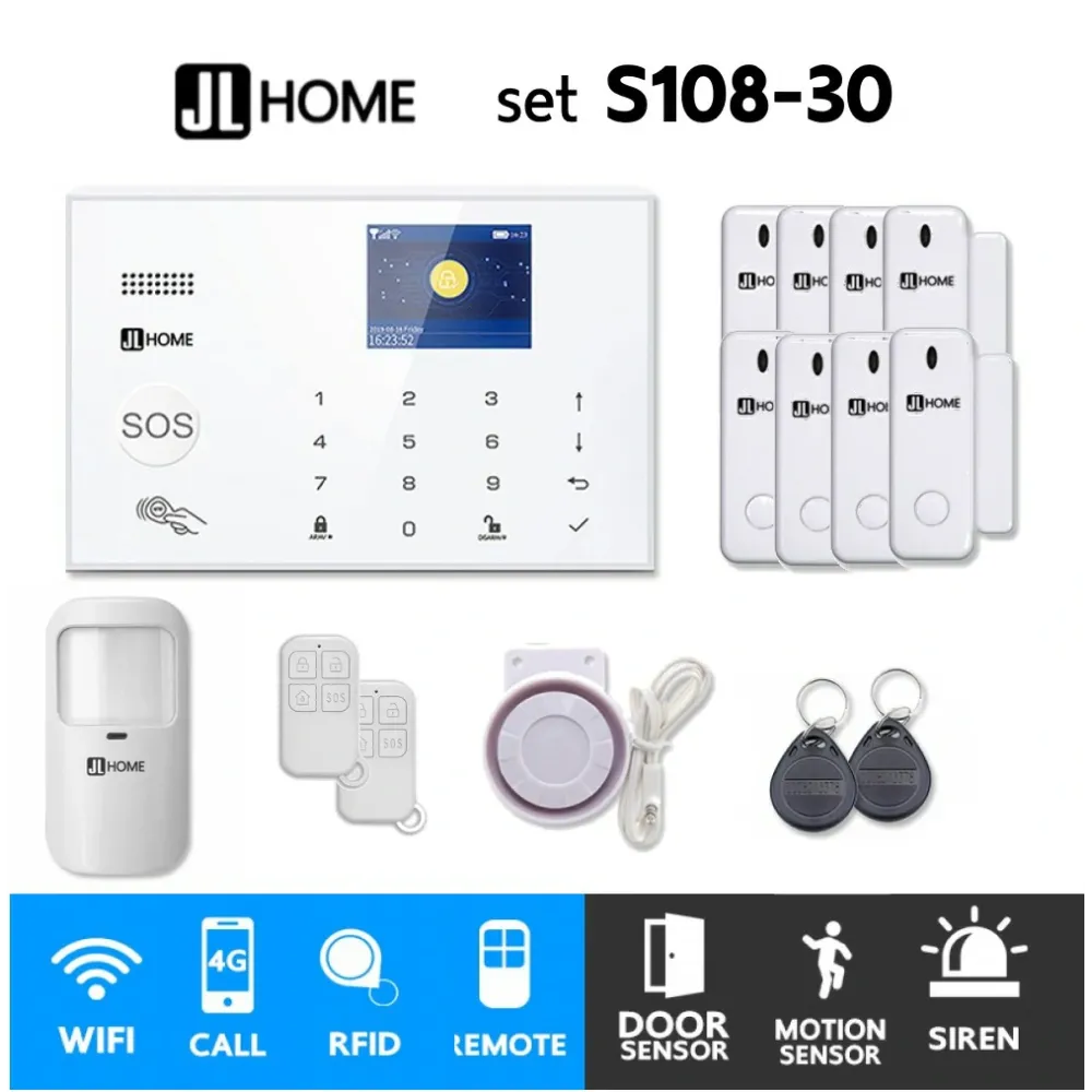 S108-30 ชุดสัญญาณกันขโมยบ้านไร้สายและบ้านอัจฉริยะ แจ้งเตือนผ่านการโทร3G-4G/แอพมือถือWifi/SMS ความเคลื่อนไหว1 ประตู 8