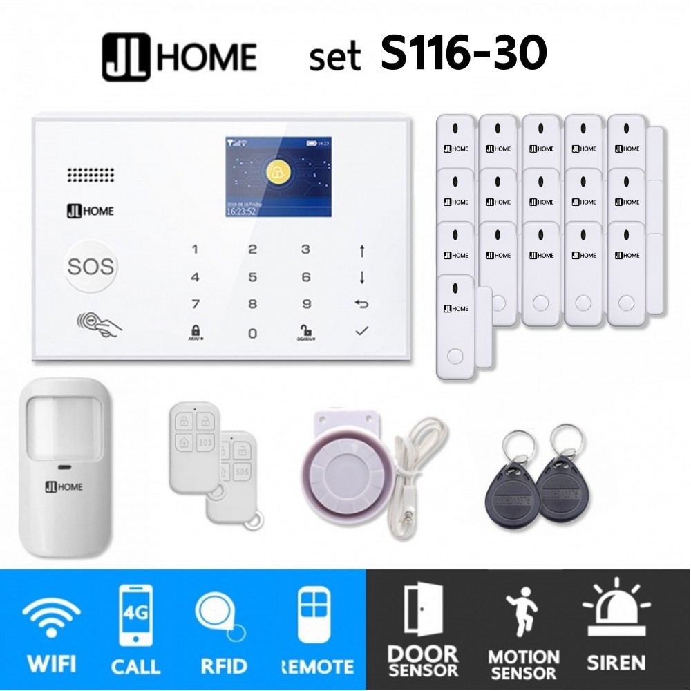 S116-30 ชุดสัญญาณกันขโมยบ้านไร้สายและบ้านอัจฉริยะ แจ้งเตือนผ่านการโทร3G-4G/แอพมือถือWifi/SMS ความเคลื่อนไหว1 ประตู 16