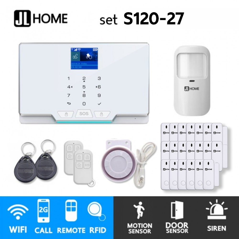 S120-27 ชุดสัญญาณกันขโมยบ้านไร้สายและบ้านอัจฉริยะ แจ้งเตือนผ่านการโทร2G/แอพมือถือWifi/SMS ความเคลื่อนไหว1 ประตู20