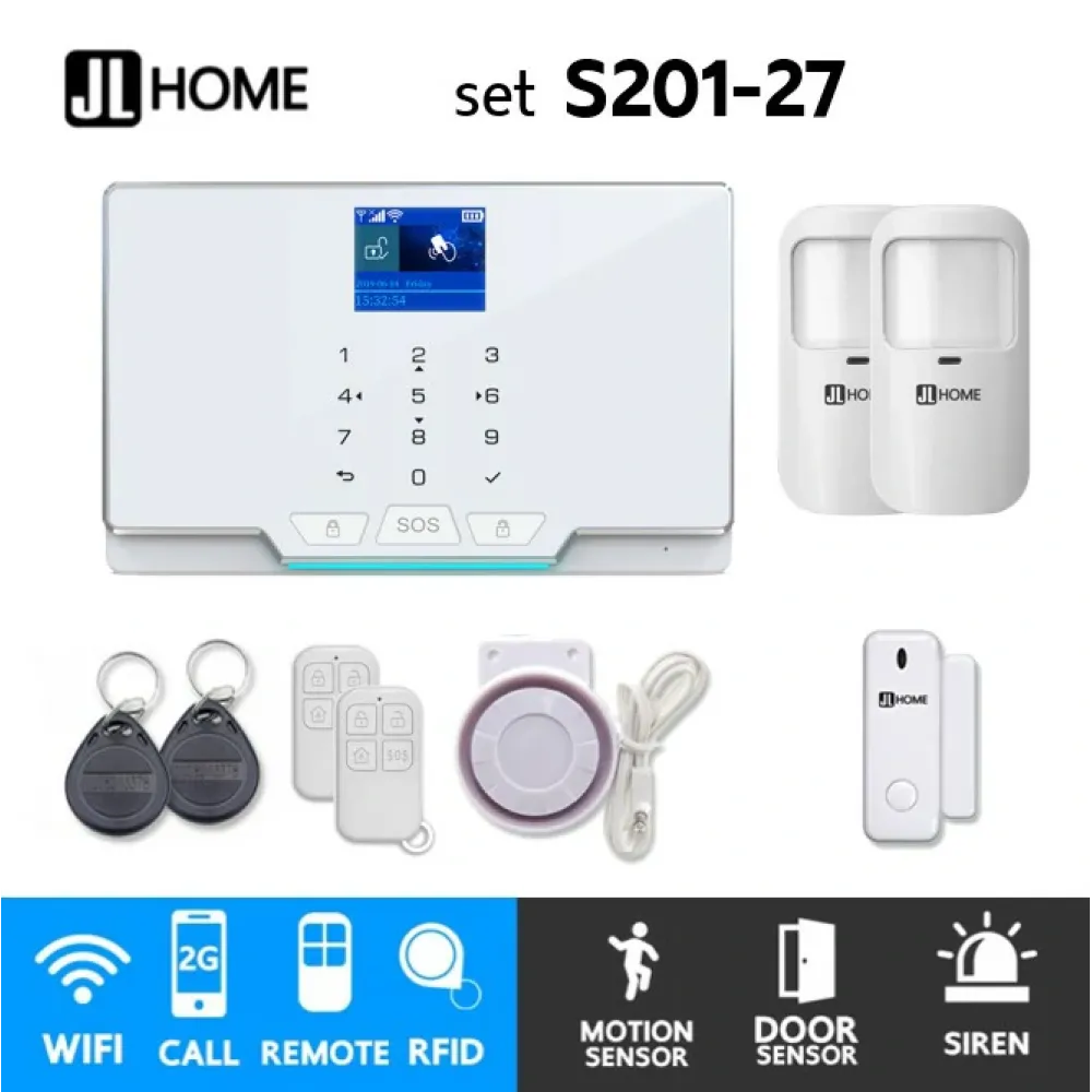 S201-27 ชุดสัญญาณกันขโมยบ้านไร้สายและบ้านอัจฉริยะ แจ้งเตือนผ่านการโทร2G/แอพมือถือWifi/SMS ความเคลื่อนไหว2 ประตู1