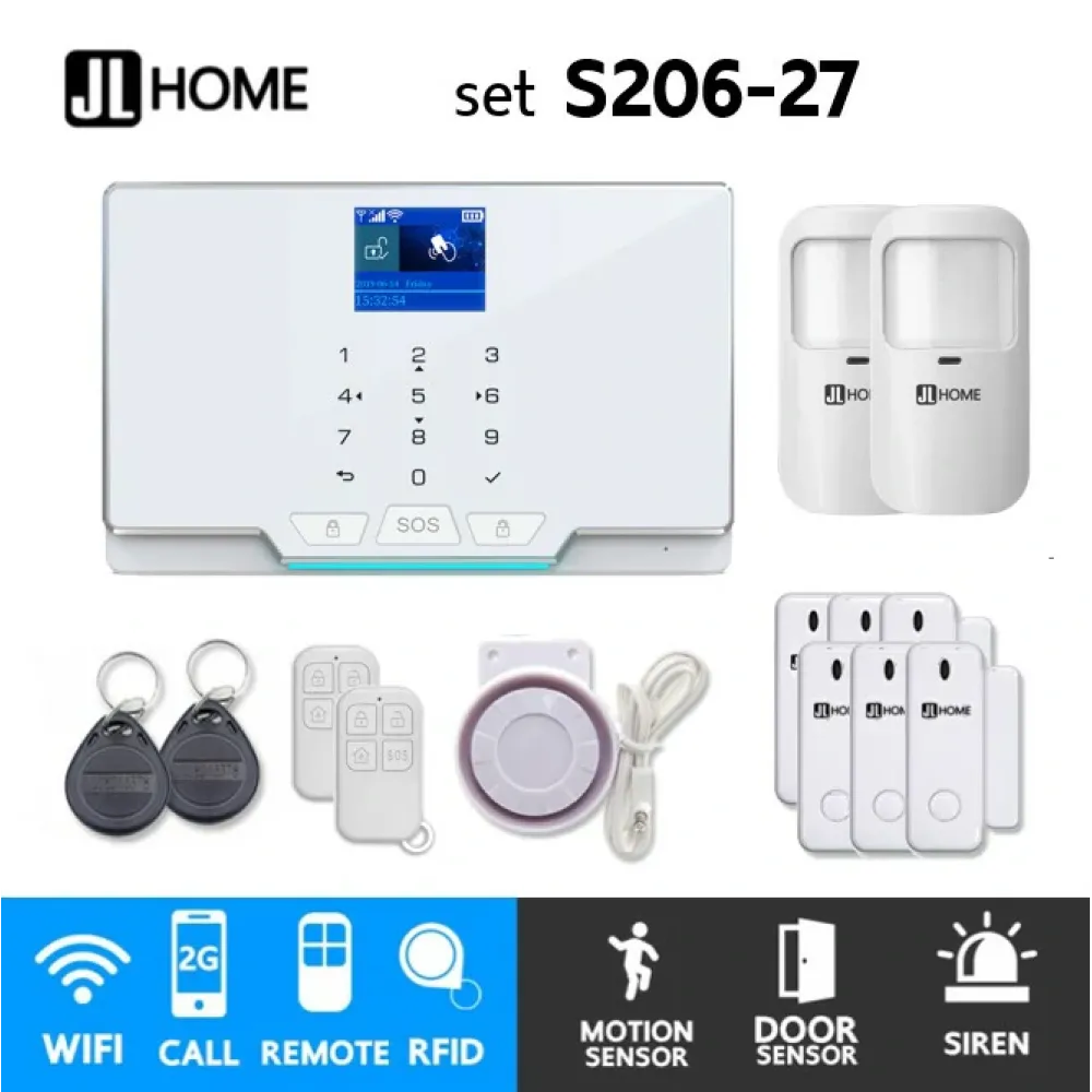 S206-27 ชุดสัญญาณกันขโมยบ้านไร้สายและบ้านอัจฉริยะ แจ้งเตือนผ่านการโทร2G/แอพมือถือWifi/SMS ความเคลื่อนไหว2 ประตู6