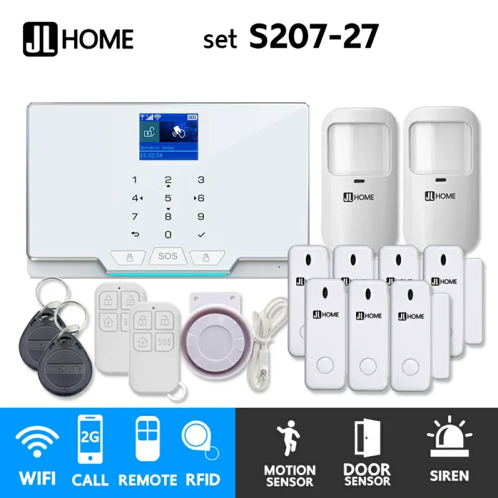 S207-27 ชุดสัญญาณกันขโมยบ้านไร้สายและบ้านอัจฉริยะ แจ้งเตือนผ่านการโทร2G/แอพมือถือWifi/SMS ความเคลื่อนไหว2 ประตู7