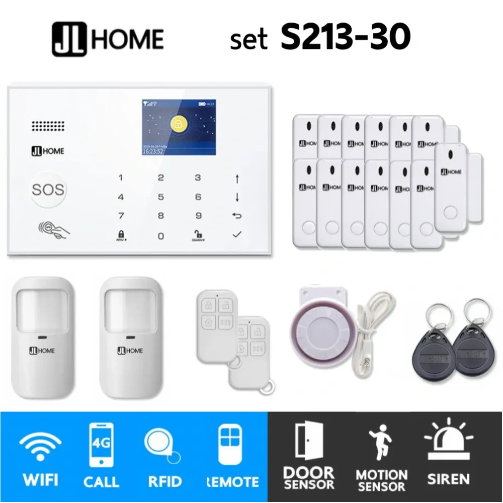 S213-30 ชุดสัญญาณกันขโมยบ้านไร้สายและบ้านอัจฉริยะ แจ้งเตือนผ่านการโทร3G-4G/แอพมือถือWifi/SMS ความเคลื่อนไหว2 ประตู13