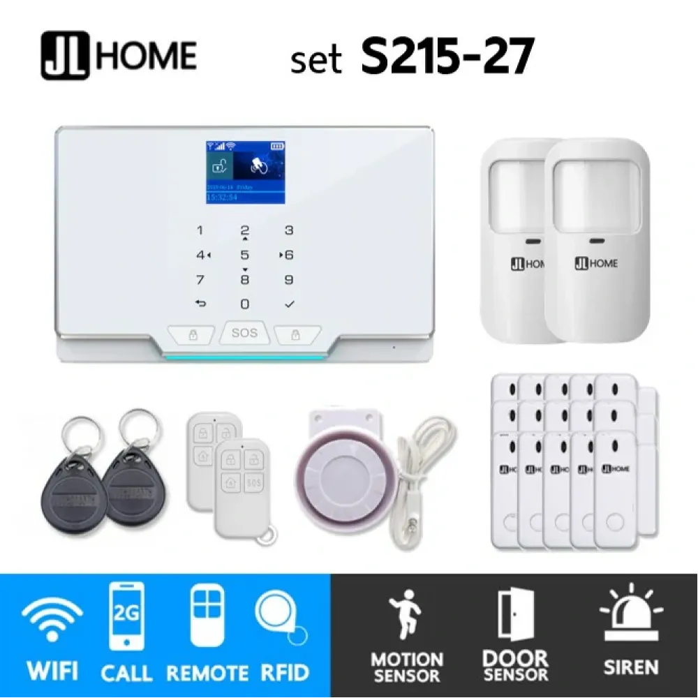 S215-27 ชุดสัญญาณกันขโมยบ้านไร้สายและบ้านอัจฉริยะ แจ้งเตือนผ่านการโทร2G/แอพมือถือWifi/SMS ความเคลื่อนไหว2 ประตู15