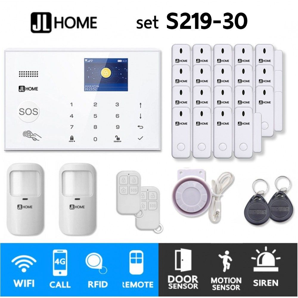S219-30 ชุดสัญญาณกันขโมยบ้านไร้สายและบ้านอัจฉริยะ แจ้งเตือนผ่านการโทร3G-4G/แอพมือถือWifi/SMS ความเคลื่อนไหว2 ประตู19