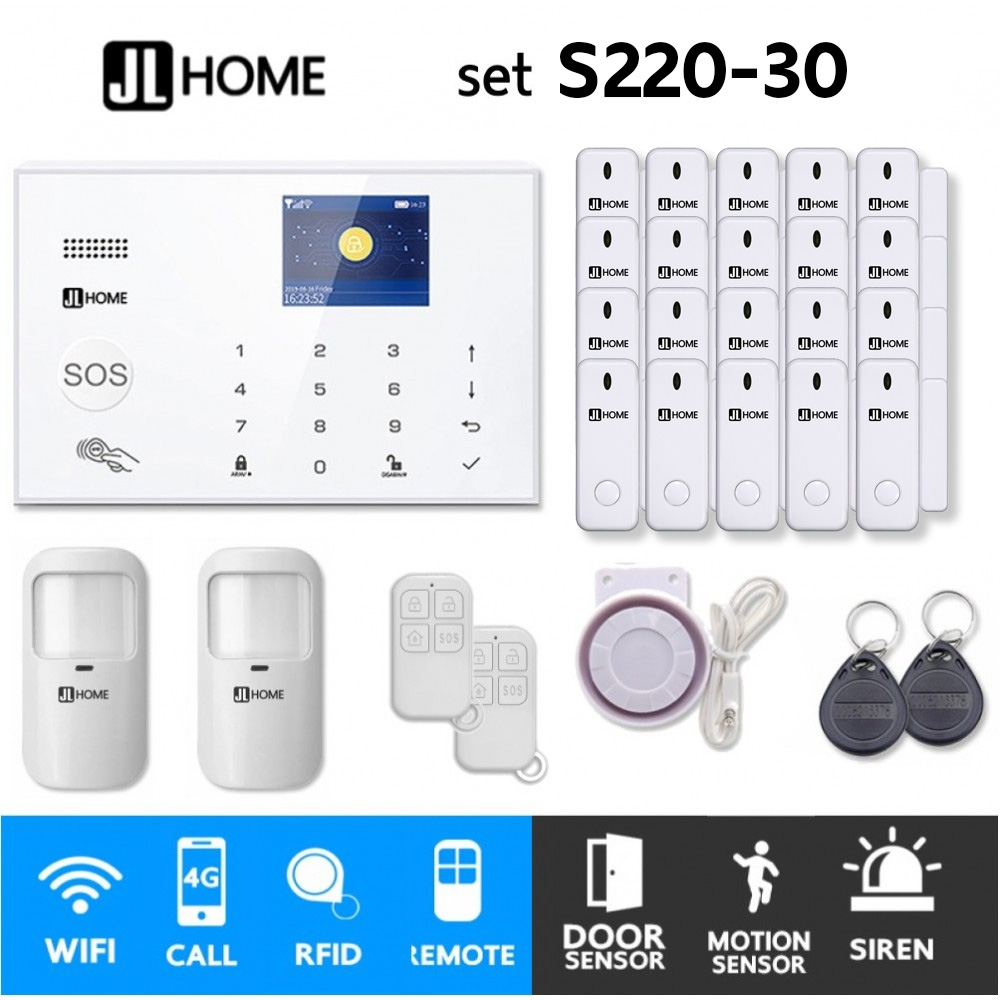 S220-30 ชุดสัญญาณกันขโมยบ้านไร้สายและบ้านอัจฉริยะ แจ้งเตือนผ่านการโทร3G-4G/แอพมือถือWifi/SMS ความเคลื่อนไหว2 ประตู20