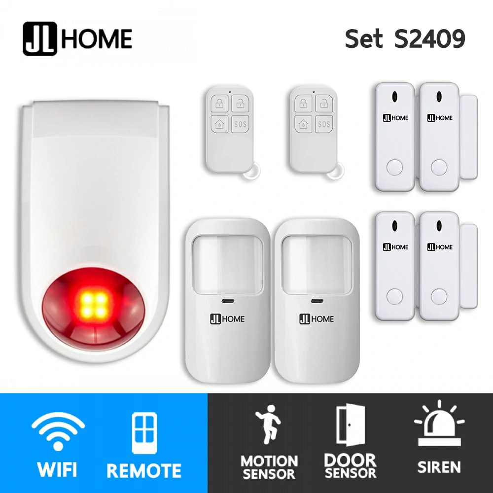 S2409 ชุดกล่องควบคุมไซเรน สัญญาณกันโมยบ้านไร้สาย ชุดเซ็นเซอร์ประตูเคลื่อนไหวx2 เซ็นเซอร์ประตูx4 แจ้งเตือนผ่านแอพ ไม่ต้องมีกล่องควบคุมในบ้าน