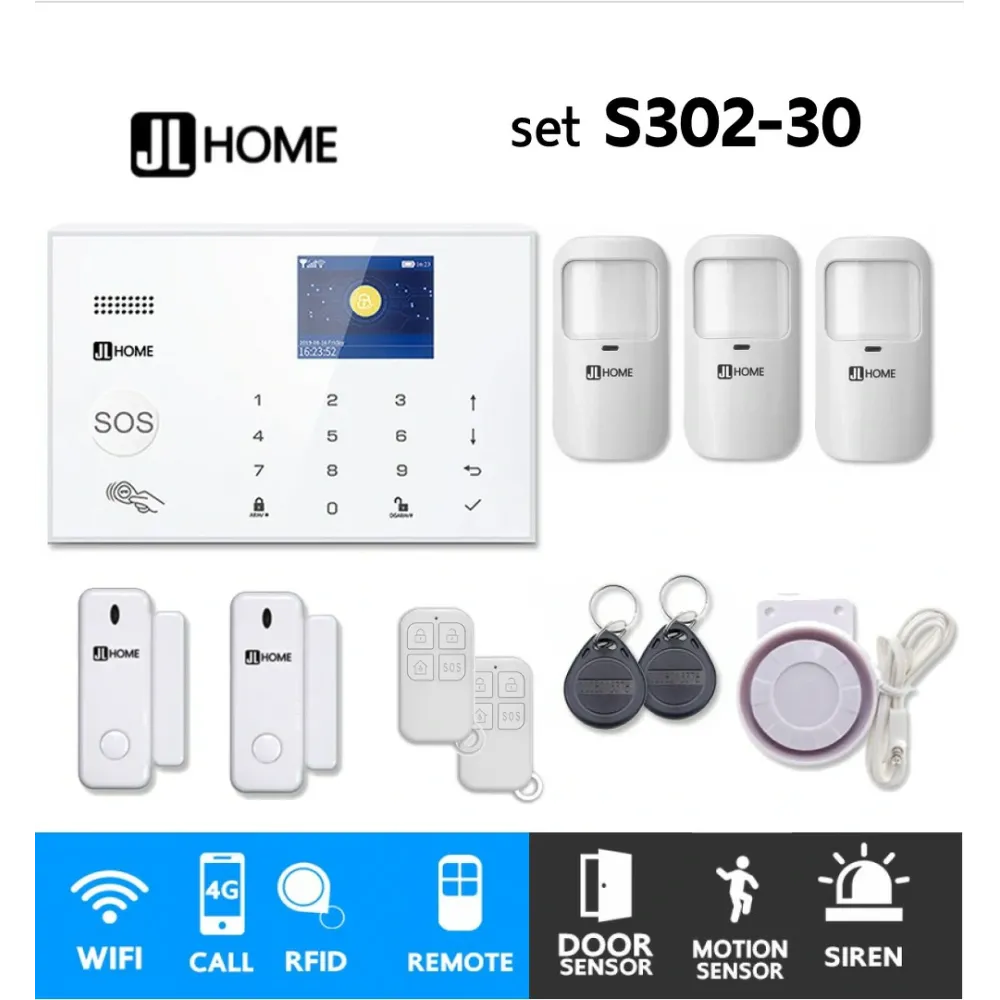 S302-30 ชุดสัญญาณกันขโมยบ้านไร้สายและบ้านอัจฉริยะ แจ้งเตือนผ่านการโทร3G-4G/แอพมือถือWifi/SMS ความเคลื่อนไหว3 ประตู 2