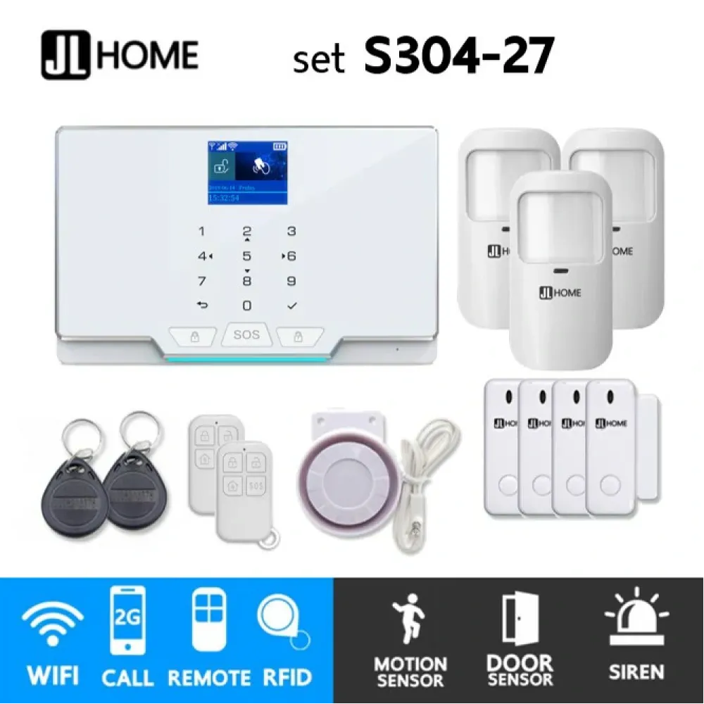 S304-27 ชุดสัญญาณกันขโมยบ้านไร้สายและบ้านอัจฉริยะ แจ้งเตือนผ่านการโทร2G/แอพมือถือWifi/SMS ความเคลื่อนไหว3 ประตู4