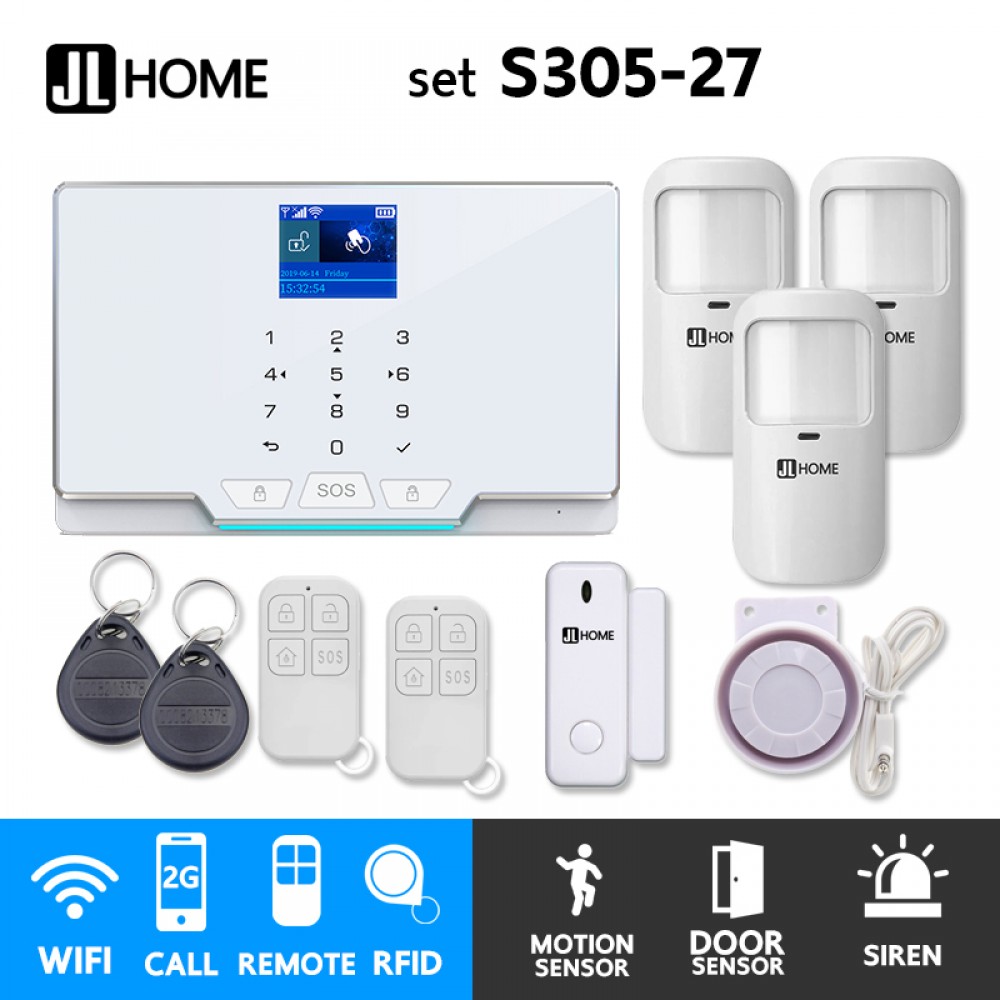 S305-27 ชุดสัญญาณกันขโมยบ้านไร้สายและบ้านอัจฉริยะ แจ้งเตือนผ่านการโทร2G/แอพมือถือWifi/SMS ความเคลื่อนไหว3 ประตู5