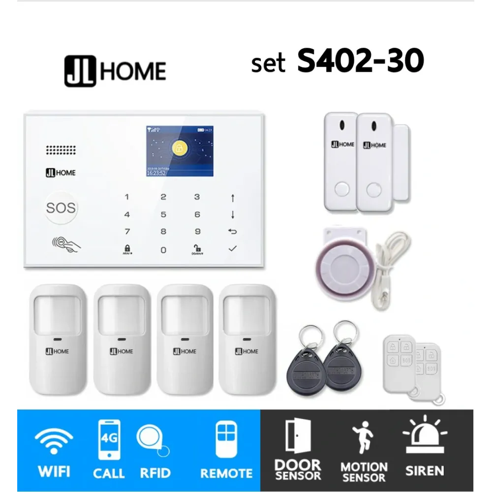 S402-30 ชุดสัญญาณกันขโมยบ้านไร้สายและบ้านอัจฉริยะ แจ้งเตือนผ่านการโทร3G-4G/แอพมือถือWifi/SMS ความเคลื่อนไหว4 ประตู2