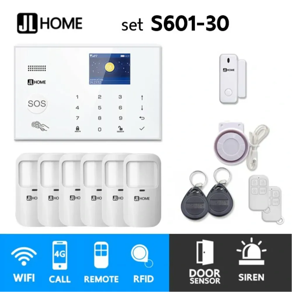 S601-30 ชุดสัญญาณกันขโมยบ้านไร้สายและบ้านอัจฉริยะ แจ้งเตือนผ่านการโทร3G-4G/แอพมือถือWifi/SMS ความเคลื่อนไหว6 ประตู1